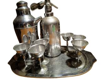 016 Art Deco Chrome Cocktail Set with Soda Siphon