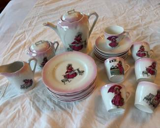 048 Antique German Porcelain Childs Tea Set with Victorian Girl Motif
