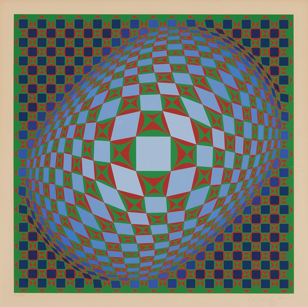1 Victor Vasarely (1906-1997) "Vilag," 1978 Screenprint in colors on paper Edition: 150/275 Signed and numbered in pencil in the lower margin: Vasarely; Atelier Arcay, Paris, France, pub. Image: 23 3/4 x 23 3/4 in.; Sight 26 x 26 in. Estimate: $500 - $700