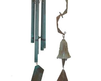 45 Paolo Soleri (1919-2013) & Walter Lamb (1900-1989) Two works: Paolo Soleri (1919-2013) A Cosanti wind bell, mid/late 20th century; Paradise Valley, AZ With cast cipher Cast bronze bell, chain, and clapper, with sheet copper fin Overall height 22 in., bell height 4 3/4 in. Walter Lamb (1900-1989) A bronze wind bell, mid-20th century Unmarked With cording and sheet copper fin Longest tube 14 3/4 in.; overall height 23 1/2 in. 2 pieces Estimate: $300 - $500