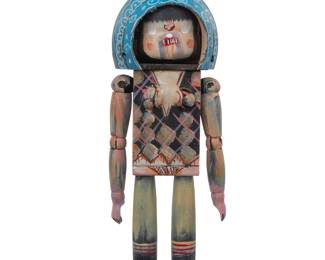 196 David Choe (b. 1976) "Choegal," 2008 Hand-painted wood figure in original cardboard box Stamped on the underside of the feet: © David Choe / 2008 Nigyoushi Figure height 8 1/8 in., width 2 1/2 in., depth 2 in.; box height 10 in., width 4 in., depth 2 1/2 in. Estimate: $300 - $500
