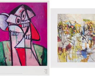 319 After George Condo (b. 1957) Two pieces: "Self Portrait in Paris 1," 2017 Exhibition Poster, digital pigment prints in colors on paper From an edition of unknown size Unsigned; The Museum of Cycladic Art, Athens, Greece, pub. Image: 13 1/2 x 11 in.; Sheet: 15 7/8 x 11 7/8 in. "Internal Voices," 2011 Offset lithograph on paper From an edition of unknown size Unsigned Image: 8 7/8 x 6 3/4 in.; Sheet: 10 7/8 x 9 3/8 in. 2 pieces Estimate: $200 - $300