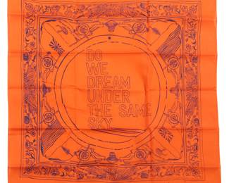 127 Rirkrit Tiravanija (b. 1961) "Untitled" from the "Artists Band Together," series 2025 Bandana Signed and dated: 2020 Housed in original black paper sleeve Bandana 21 1/2 x 21 1/2 in; envelope 9 x 6 in. Estimate: $400 - $600