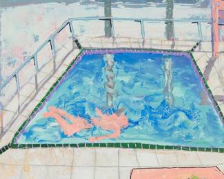 278 Fred Crostic (20th/21st Century) "Poolside," 1986 Acrylic on thick paper Signed lower right: F. Crostic; signed again, "Fred Crostic," titled, and dated "1/12/86," all on the frame's backing board Image/Sheet: 28 1/2 x 22 1/2 in. Estimate: $300 - $500