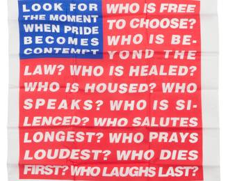 126 Barbara Kruger (b. 1945) "Untitled" (flag) from the "Artists Band Together," series 2025 Bandana Unsigned Housed in original black paper sleeve Bandana 21 1/2 x 21 1/2 in; envelope 9 x 6 in. Estimate: $400 - $600