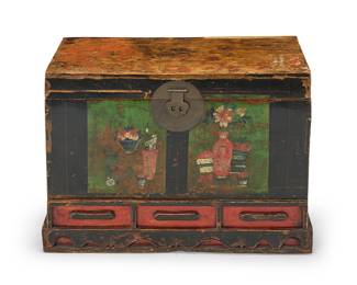 56 A Chinese Shanxi style lacquered wood trunk Early 20th century The lid with later hinges and latch lock, the front painted with flower vases and objects above three faux drawers Height 24 in., width 34 1/2 in., depth 18 1/4 in. Estimate: $300 - $500