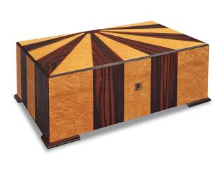14 A Dunhill 'Starburst' humidor Early 21st century Marked for Dunhill to interior Macassar ebony and burlwood veneer Height 6 3/8 in., width 18 in., depth 11 1/8 in. Estimate: $500 - $700