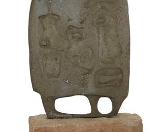 47 A Modern patinated bronze relief sculpture 20th century Signed indistinctly in the casting Depicting abstracted figures, raised on a stone base Bronze height 14 in., width 10 in., depth 1 in.; overall height 16 3/4 in., width 11 1/4 in., depth 4 1/2 in. Estimate: $400 - $600