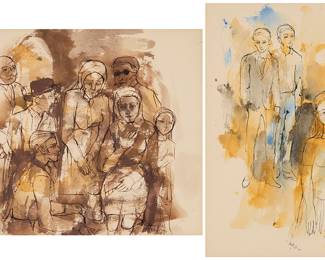 217 Roxolana Luczakowsky Armstrong (1938-2022) Two works: A group of seven people (brown and yellow), 1968 Watercolor and ink on paper Signed and dated in ink lower right: Roxolana Armstrong / 1968 Sight: 9 1/2 x 12 1/4 in. A group of five people (yellow and blue), 1968 Watercolor and ink on paper Signed and dated in ink lower right: Roxolana Armstrong / 1968 Sight: 12 1/4 x 8 3/4 in. Estimate: $300 - $500