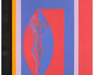 307 Erle Loran (1905-1999) "Topless Madonna," 1966 Acrylic on canvas Signed and dated lower right: Loran '66; signed again, titled, and inscribed, all verso: "10 Kenilworth Ct., Berkeley" 60 x 52 in. Estimate: $1,000 - $2,000
