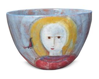 44 Polia Pillin (1909-1992) A large glazed ceramic bowl, mid-20th century Signed to underside: Pillin Depicting three women with birds Height 10 3/4 in., diameter 15 5/8 in. Estimate: $600 - $800