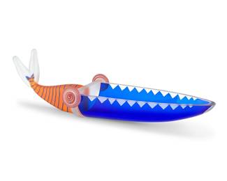 146 A Borowski Glass Studio whale bowl Late 20th/early 21st century Etched to underside: Glass Studio Borowski; with applied paper label: Glass Studio Borowski, Germany / Made in Poland Height 6 7/8 in., width 23 1/2 in., depth 7 7/8 in. Estimate: $300 - $500