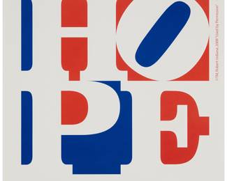 294 After Robert Indiana (1928-2018) "Hope" Barack Obama campaign poster, 2008 Screenprint in colors on paper From the edition of unknown size Unsigned; Barack Obama Campaign, pub. Sheet: 25 3/4 x 25 3/4 in. Estimate: $200 - $300