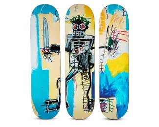 112 After Jean-Michel Basquiat (1960-1988) A skateboard deck triptych after "Warrior" (1982) by The Skateroom, 2022-24 Each top printed: THE SKATEROOM / [Jean-Michel Basquiat signature] Screen-printed skateboards housed in original cloth case 3 pieces Each length 31 3/4 in., width 8 in., depth 1 in. Estimate: $300 - $500