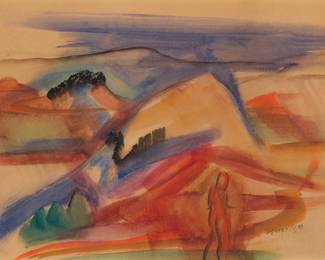 186 John Gerrity (1895-1980) "San Francisco," 1933 Watercolor on paper Signed and dated lower right: J E Gerrity 33; titled on a label affixed to the frame's backing paper Sight: 7 1/2 x 10 1/2 in. Estimate: $200 - $300