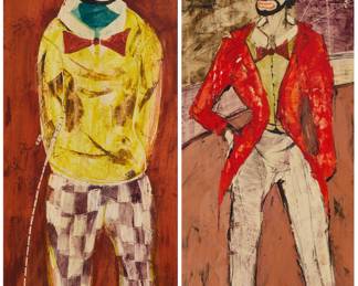 69 Attributed to Charles Levier (1920-2003) Clown with yellow jacket; and Clown with red jacket Each: Mixed media or oil on illustration board Each: appears unsigned; the one with the red jacket is inscribed "Straus" in blue ink verso Each: 26 7/8 x 11 in. Estimate: $400 - $600