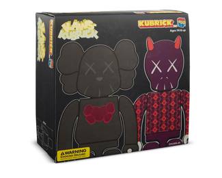 109 Brian "KAWS" Donnelly (b. 1974) X Kubrick Bus Stop, Series 1, 2002 Painted cast resin in original packaging Sculpted by Makoto Sakurai, produced by Medicom Toy, Tokyo Box height 8 1/2 in., width 8 3/8 in., depth 3 1/8 in. Estimate: $100 - $200
