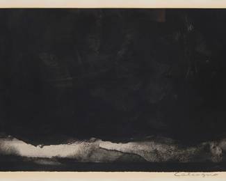 215 Lawrence Calcagno (1913-1993) "Night Drift," 1963 Ink wash on paper hinged to paper, as issued Signed, titled, dated, and inscribed in pencil along the lower edge of the paper support: Calcagno 1963 "Yaddo" Image/Sheet: 8 1/4 x 16 7/8 in.; Sight of paper support: 9 x 17 7/8 in. Estimate: $500 - $700