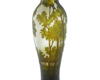 61 A Gallé style cameo glass landscape vase Late 20th/early 21st century With factory label: TOZAI HOME Green cut to frosted Height 18 1/4 in., diameter 5 in. Estimate: $300 - $500