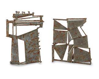 202 Two Brutalist metal wall sculptures Mid/late 20th century 2 pieces Taller height 12 1/2 in., width 8 3/4 in., depth 3 1/4 in., shorter height 10 1/4 in., width 9 1/8 in., depth 1 7/8 in. Estimate: $400 - $600