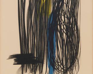 181 Hans Hartung (1940-1989) Untitled, 1973 Lithograph in colors on wove paper An hors commerce impression (aside from both the signed and numbered edition of 75 with wide margins (as here), as well as the unsigned and unnumbered much larger edition of this image, printed on much smaller sheets of paper, without margins, for inclusion in the art journal, "XXe Siècle", No 41, issued in December of that same year) Signed and inscribed "H.C" in pencil in the lower margin: Hans Hartung; Fernand Mourlot, Paris, France, prntr.; XXe Siecle, Paris, France, pub. Image: 17 x 10 1/2 in.; Sight: 20 x 13 in. Estimate: $400 - $600