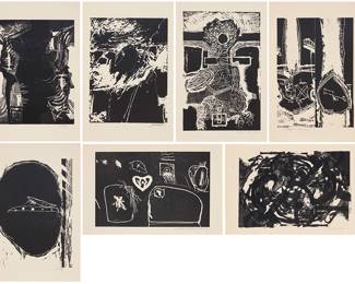 264 The "Black Folio," portfolio, 1961 The complete set of seven woodcuts on off-white, smooth, wove paper, each woodcut signed in pencil in the lower margin by the contributing artist with their last, and all or part of their first, name(s) (the work by Sheldon Kirby signed a second time in the left margin); inscribed "38" in black ink on the colophon sheet (the edition was 400); the woodcuts all loose, as issued; and the numbered colophon sheet; together with the black paper portfolio folder with printed title; Irwin Hollander, San Diego, CA, prntr. The seven contributing artists are: Don Dudley (b. 1930); Fred Holle (b. 1931), Sheldon Kirby (b. 1925); William Lumpkins (1909-2000); Malcolm "Mac" McClain (1923-2012); Richard Allen Morris (b. 1933) and Guy Williams (1932-2004) Image of largest: 17 x 11 in. (or opposite); Sheet of each: 19 7/8 x 12 7/8 in. (or opposite) Estimate: $500 - $700