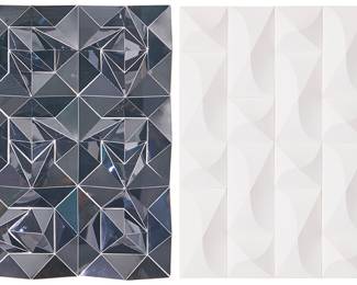 194 Matthew Shlian (20th/21st Century) Two works: "White" from the "Omoplata Series," 2019 Folded paper Edition: 3/10 Initialed and numbered in pencil in the lower margin: MS Sight 8 3/4 in. x 8 3/4 in. "Metallic" from the series "Ara 250" Folded paper Edition: 8/12 Initialed and numbered in pencil in the lower margin: MS Sight 8 3/4 in. x 8 3/4 in. 2 pieces Estimate: $400 - $600