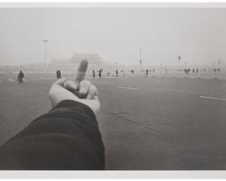253 After Ai Weiwei (b. 1957) Poster of "Study of Perspective - Tiananmen Square," 1995-2003 Mechanical print on acid free paper From an edition of unknown size Unsigned; printed in the lower margin, as part of the poster: "Study of Perspective - Tiananmen Square, 1995-2003 / by Ai Weiwei / © 2014 Ai Weiwei / printed on acid free paper with fade resistant ink / © Wax Poster, Inc. / first edition printing September MMXIIII WAX 002 / Made in USA"; Wax Poster, Inc. Topanga, CA, pub. Image: 22 1/4 x 33 5/8 in.; Sheet: 24 1/8 x 36 1/8 in. Estimate: $300 - $500