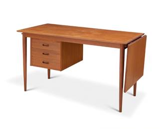 40 Arne Vodder (1926-2009) A drop leaf desk for H. Sigh, circa 1960s; Denmark Burn marked: A/S H. SIGH & SØN / SPØTTRUP / [cipher] / MADE IN DENMARK One end of sliding table-top with a drop-leaf extension, above three drawers that slide side to side, raised on tapered legs Height 28 in., width 48 1/4 in., depth 23 3/4 in.; extended width 65 1/2 in. Estimate: $500 - $700