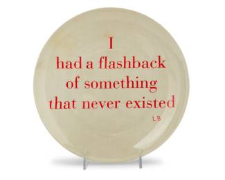 285 After Louise Bourgeois (1911-2010) A printed bone china plate after "I Had a Flashback of Something That Never Existed" (2002) by Prospect, 2020 From the edition of 175 Printed inscription verso Plate 31 from "Artist Plate Project" by the Coalition for the Homeless, housed in original fitted box Plate diameter 10 3/4 in.; box height 1 7/8 in., width 12 1/4 in., depth 12 1/4 in. Estimate: $100 - $200