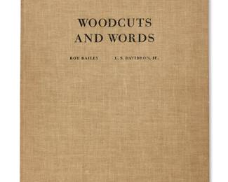 263 Roy Bailey (1933-2002) "Woodcuts and Words" album, 1962 Edition 295/300 The complete album comprised of 10 woodcuts in colors or black and white on Kinwashi rice paper, hors-texte, each pencil signed, "R. Bailey," numbered "295/300" in the lower margin, and tipped to their original Arches paper support sheets from the verso of their upper margin corners; together with the series of printed poems by L.S. Davidson Jr., the colophon numbered "295" in brown pencil, and the title pages, all on Arches paper, together with the original interleaving tissues; the album bound as issued within beige fabric-covered boards with the printed title and spine; Roy Bailey and L.S. Davidson Jr., prntrs.; The Winter Months Press, Nantucket, MA, pub. Largest woodcut (on rice paper) sheet: 14 1/4 x 9 1/8in; Bound (Arches) sheets: 15 x 11 1/8in Estimate: $500 - $700