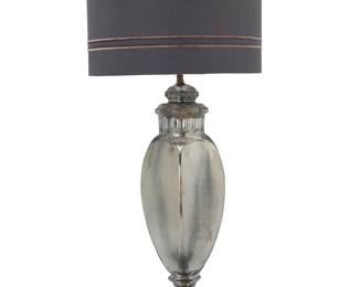 221 A Modern mercury glass table lamp Mid-20th century Unmarked Issuing two lights with a fabric shade, electrified Lamp height 36 1/2 in.; width 7 3/8 in., depth 7 in.; shade height 11 1/4 in., diameter 16 in. Estimate: $200 - $400