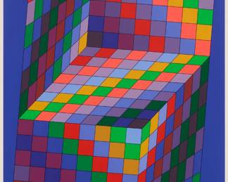 2 Victor Vasarely (1906-1997) "Axo-77" Screenprint in colors on paper Edition: 162/300 Signed and numbered in pencil in the lower margin: Vasarely; Circle Fine Art Corporation, Chicago, IL, pub. Image: 35 x 19 in.; Sight: 36 3/4 x 19 3/4 in. Estimate: $500 - $700
