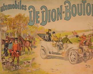 88 Auguste Auglay (1853-1925) "Automobiles de Dion-Bouton" (Fox Hunt), 1906 Lithograph in colors on paper From the edition of unknown size With the signature and date printed as part of the image, lower right; Affiches Artistiques Étabts. Minot, Paris, France, prntr.; Atelier Auglay, Paris, France, pub. Sight: 40 x 55 in. Estimate: $1,500 - $2,000