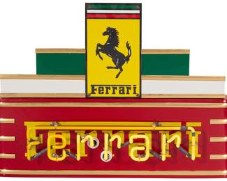 100 A reproduction Ferrari neon sign Late 20th century Enameled metal, electrified Height 22 1/4 in., width 35 1/2 in., depth 7 1/2 in. Estimate: $500 - $700