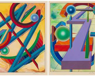 218 Mark Busacca (20th/21st Century) Two works: Each: Abstract composition Each: Mixed media including ink and watercolor on paper Each: Signed in pencil lower right: M Busacca Sight of each: 8 3/4 x 5 1/2 in. Estimate: $400 - $600