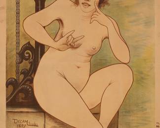 93 After Decam (19th Century) "La Verite Assise !!! Propage le Velo-Catenol!,"1897 Lithograph in colors on paper From the edition of unknown size Signed, dated, and monogrammed as part of the image; P. Lemenil Asnieres, France, prntr. Image: 60 3/4 x 28 1/2 in.; Sight: 63 x 31 1/4 in. Estimate: $300 - $500