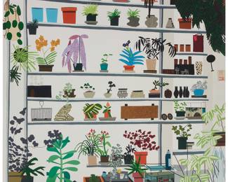 286 Jonas Wood (b. 1977) An exhibition poster for "Shino Kusaka / Jonas Wood, Voorlinden, Wassenaar, The Netherlands, 30 September 2017-7 January 2018," 2017 Offset lithograph in colors on poster paper From the edition of unknown but presumably large size With the exhibition text (mentioned above) printed verso; Voorlinden Museum, Wassenaar, The Netherlands, pub. Image/Sheet: 23 x 23 in. Estimate: $300 - $500