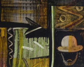 228 Angel Alonso (b. 1967) Abstract composition with figure in a hat Mixed media on paper Signed lower right: Angel Alonso Sight: 28 x 24 in. Estimate: $700 - $1,000