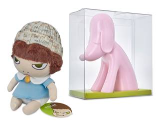 116 Yoshitomo Nara (b. 1959) Two works: Yoshitomo Nara X Aomori Museum of Art Dog Piggy Bank, 2016 Cast pink vinyl in original box From the edition of unknown size Printed manufacturer's marks to underside Published by Linden, Japan Dog height 7 in., width 6 1/4 in., depth 3 1/4 in.; box height 8 in., width 7 1/4 in., depth 3 5/8 in. "Walk On" Onnanoko plush doll, 2010 Printed with manufacturer's marks on original tags Height 8 1/4 in., width 5 1/2 in., depth 4 1/2 in. 2 pieces Estimate: $400 - $600