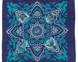 124 Shepard Fairey (b. 1970) "Our Hands - Our Future" from the "Artists Band Together" series 2025 Bandana Signed and dated Housed in original black paper sleeve Bandana 21 1/2 x 21 1/2 in; envelope 9 x 6 in. Estimate: $400 - $600