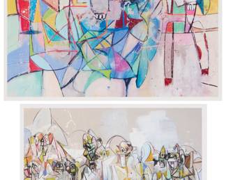 320 After George Condo (b. 1957) Two pieces: "Eyes and Smiles," 2018 Exhibition Poster, digital pigment prints in colors on paper From an edition of unknown size Unsigned; The Museum of Cycladic Art, Athens, Greece, pub. Image: 11 1/8 x 13 1/8 in.; Sheet: 11 7/8 x 15 7/8 in. "Parallel Figures," 2011 Offset lithograph on paper From the edition of unknown size Unsigned Image: 8 7/8 x 10 5/8 in.; Sheet: 10 7/8 x 18 5/8 in. 2 pieces Estimate: $200 - $300