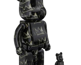 113 After Jean-Michel Basquiat (1960-1988) X BE@RBRICK Figure set #8, 2021 100% & 400% figures Produced by Medicom Toy, Tokyo, in original packaging Box height 12 in., width 8 in., depth 4 3/4 in.; height of larger bear 11 in.; height of shorter 2 7/8 in. Estimate: $400 - $600