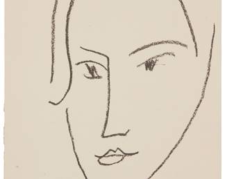 26 Henri Matisse (1869-1954) Head, one plate from "Matisse: His Art and His Public;" and the numbered colophon page signed by Alfred H. Barr, 1951 Lithograph on paper Edition: 435/495 With the artist's signature and date printed as part of the image Image: 8 1/2 x 5 1/2 in.; Sheet: 10 x 7 1/2 in. Estimate: $300 - $500