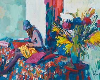 304 Nicola Simbari (1927-2012) Interior view with flowers and a woman sitting on a bed Acrylic on canvas Signed lower right: Simbari 28 x 40 in. Estimate: $3,000 - $5,000