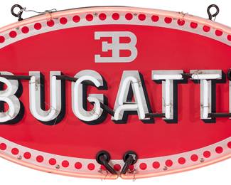 98 A reproduction Bugatti neon sign Late 20th century Enameled metal, electrified Height 18 in., width 36 1/2 in., depth 9 in. Estimate: $500 - $700