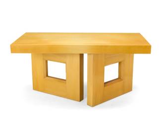 137 In the manner of Paul Frankl (1886-1958) A Modern console table, late 20th century Unmarked The thick rectangular top raised on a geometric sculptural base Height 30 1/4 in., width 60 in., depth 30 in. Estimate: $500 - $700