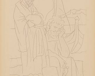 24 Pablo Picasso (1881-1973) "Deux Vieillards et Voilier," plate 4 from "Lysistrata," 1934 Etching on wove paper From the edition of 1500 (there was also a deluxe edition of 150 pencil signed and numbered impressions on Arches paper with wide margins) With the signature and date (in Roman numerals) both printed in reverse as part of the plate Roger Lacourière (L'Atelier Lacourière), Paris, France, prntr.; The Limited Editions Club, New York, NY, pub. Plate: 8 1/4 x 5 1/2 in.; Sight: 9 1/4 x 6 1/2 in. Estimate: $300 - $500