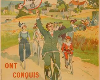 94 "Les Cycles Clement," A Clément & Co. Paris bicycle poster, circa 1890 Lithograph in colors on paper From the edition of unknown size Appears unsigned; E. Bougard, Paris, France, prntr.. Image: 60 x 43 1/2 in.; Sight: 62 x 45 in. Estimate: $500 - $700