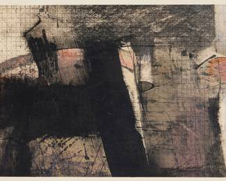 235 John Saccaro (1913-1981) Untitled, 1958 Mixed media including watercolor, gouache, and ink on paper mounted to board Signed lower right: Saccaro Image/Sheet: 9 1/4 x 13; Board mount: 14 1/2 x 18 in. Estimate: $800 - $1,200